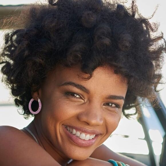 14K White Gold Sterling Silver with Pink Tourmaline Cubic Zirconia Hoop Earrings - Picture 5 of 6